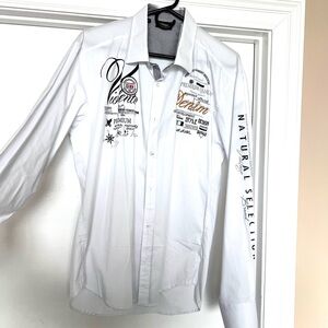Button down white shirt with cool logos and designs!